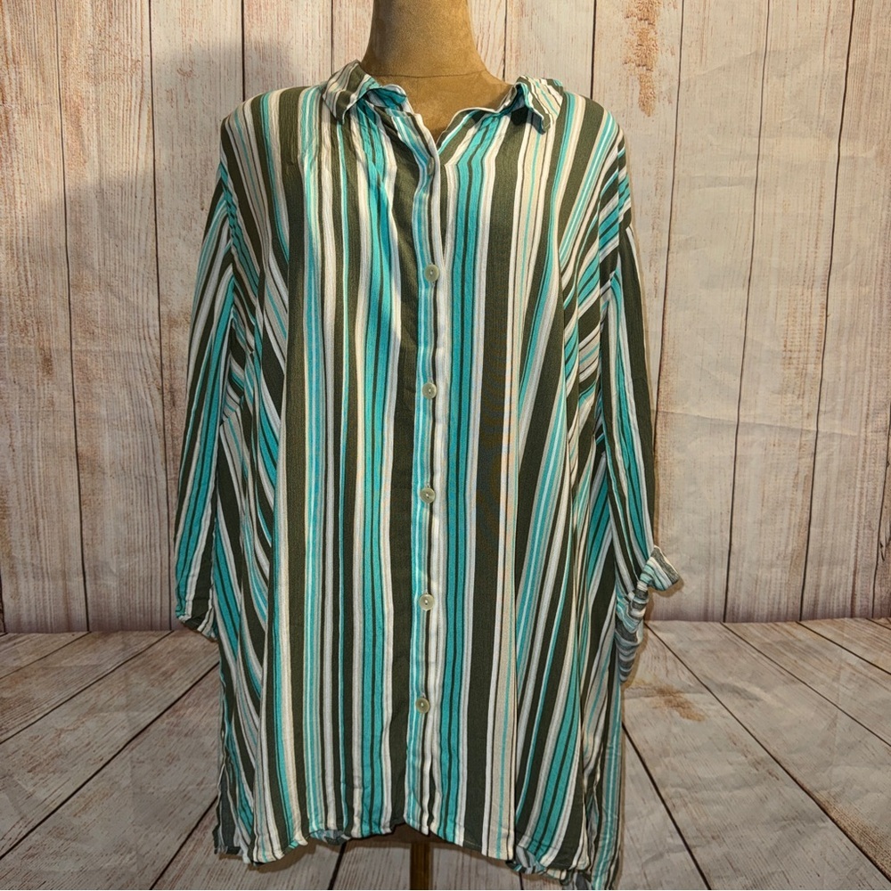 NWT Catherines Blue/Grey/ White Striped Button Roll Tab Sleeve Blouse- 4X 30-32W